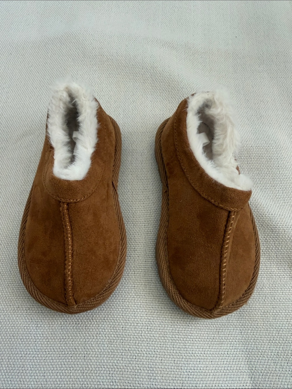Cat & Jack Kids Brown Suede-Look Slip-On Slippers with White Faux-Fur Lining